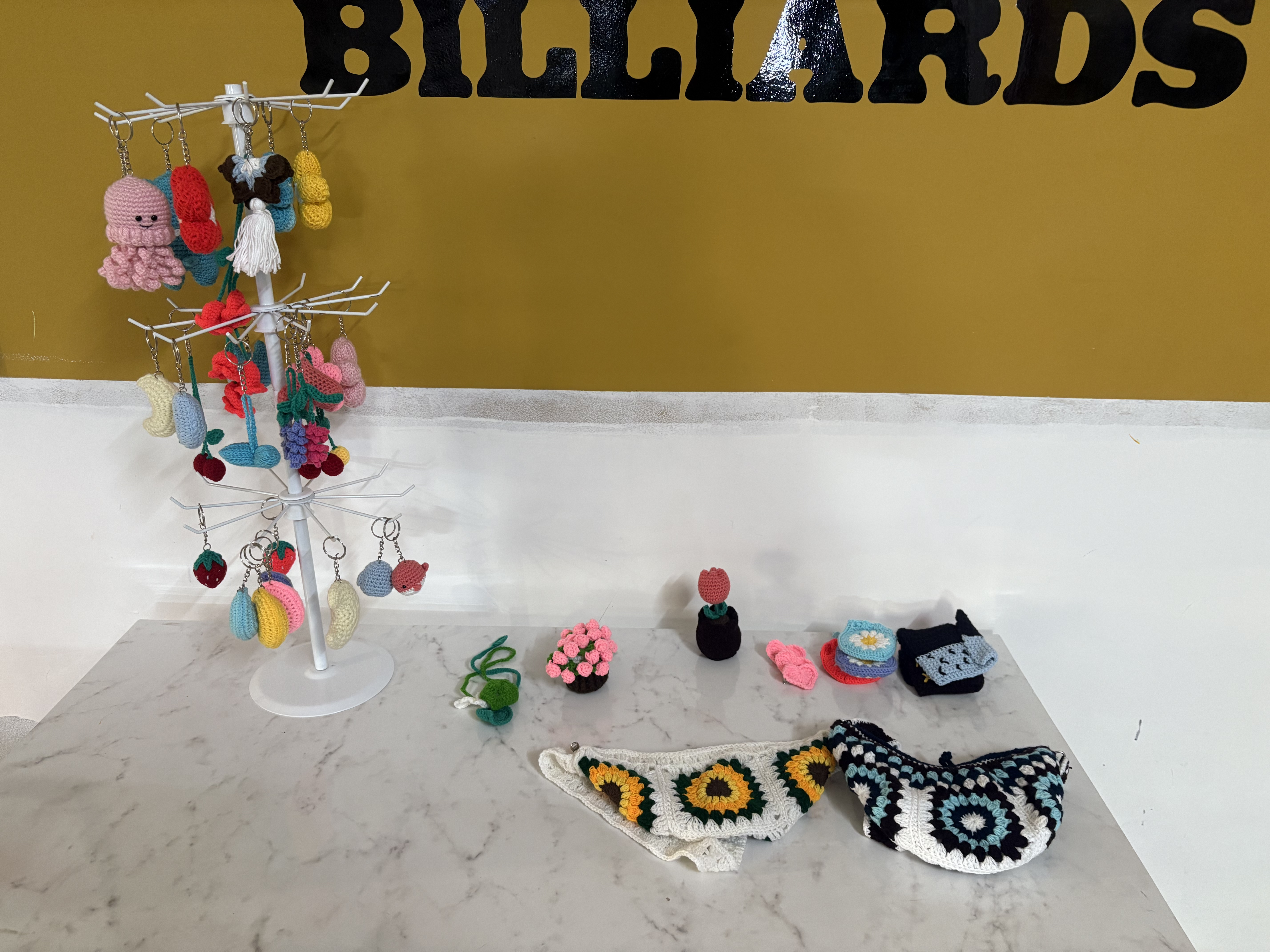 Display of multiple handmade crochet products